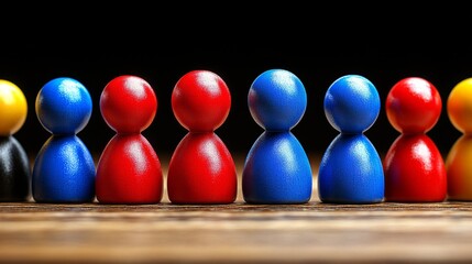 Naklejka premium Colorful game pieces aligned on a wooden surface against a dark background, representing fun, strategy, and teamwork.