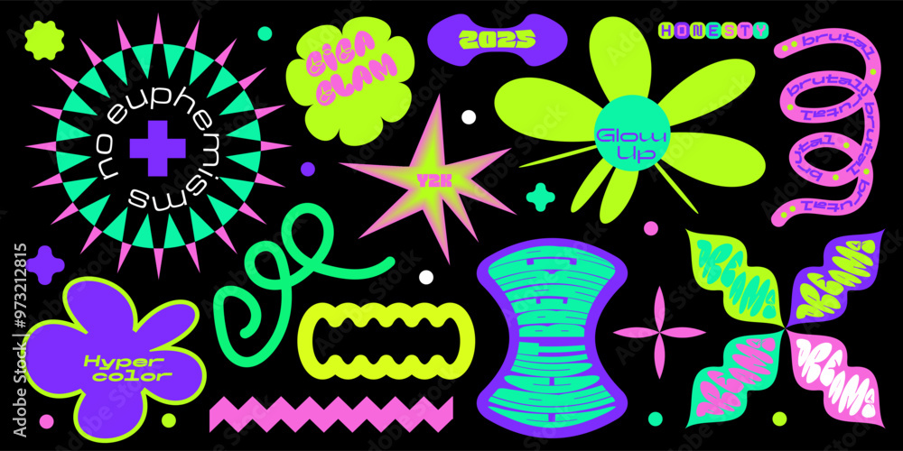 Poster set of colorful retro cyber chic stickers. abstract shapes with text. abstract geometric shapes. bac