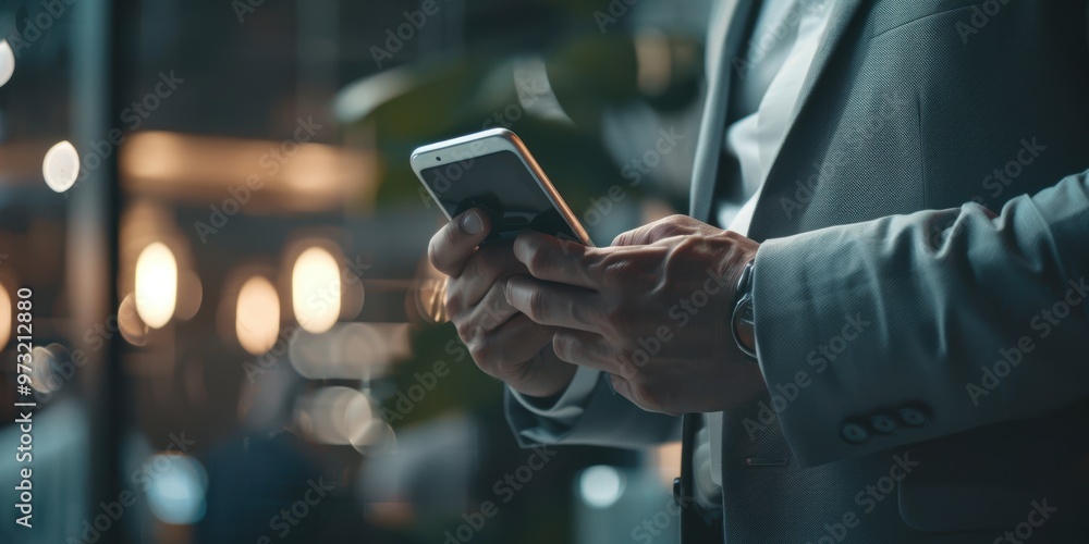 Poster mobile device used for communication and networking by a professional in an office setting, highligh