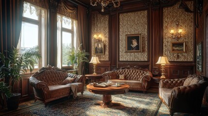 A classic Art Nouveau room interior, with curved furniture, patterned wallpaper, and decorative lamps, creating a romantic and elegant atmosphere