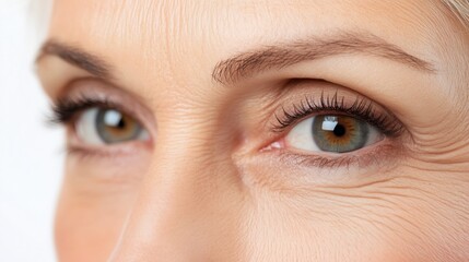 Naklejka premium Close-up portrait of mature woman emphasizing natural beauty and wrinkles for skincare promotion