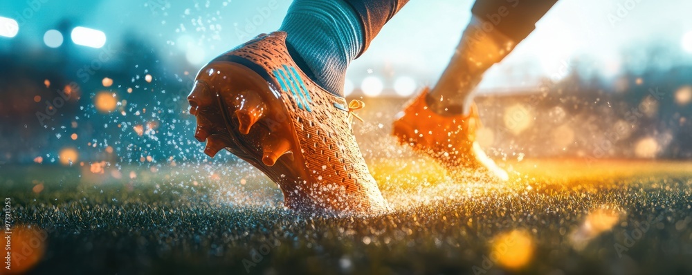 Poster close-up view of soccer player's cleats on a vibrant stadium field during an intense virtual reality