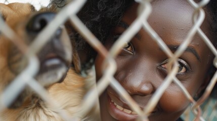Excited woman with dog observes a shelter through a gate, highlighting themes of adoption, animal care, and the joy of choosing a family pet