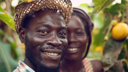 Portrait of a smiling couple in a rural setting, showcasing sustainable farming practices and organic harvest in a green environment