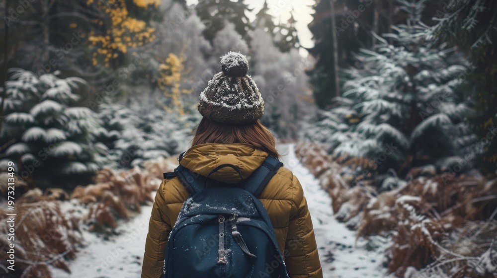 Aufkleber person exploring a snowy forest path close-up photo with clean background