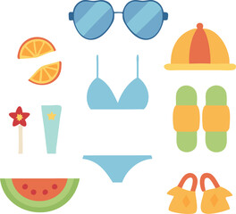 Summer cute elements set. Swimsuit, ice cream, palm leaves, beach umbrella, soda. Isolated vector illustration for posters, cards, background