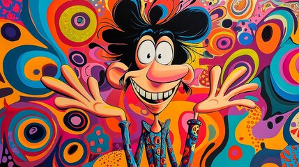 A colorful cartoon character with exaggerated features and a playful pose, surrounded by psychedelic patterns and swirls, capturing the fun and lively essence of the 1970s