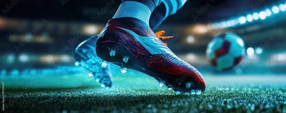 Poster dynamic close-up shot of soccer player's cleats in action on a lit stadium field capturing motion an