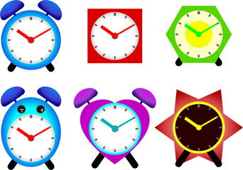 Set of clocks.  Cute alarm clocks in various colors and shapes such as round, oval, square, heart, star and hexagon.