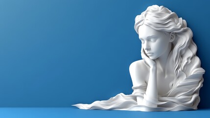 Elegant white sculpture of a contemplative woman set against a vibrant blue background, showcasing artistry and emotion.