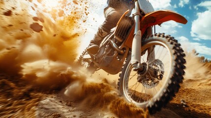 Dirtbike rider in motion with a blurred background on a sandy path, showcasing speed, adventure,...