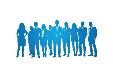 illustration of a blue silhouette group of business people standing, simple design, white background Generative AI