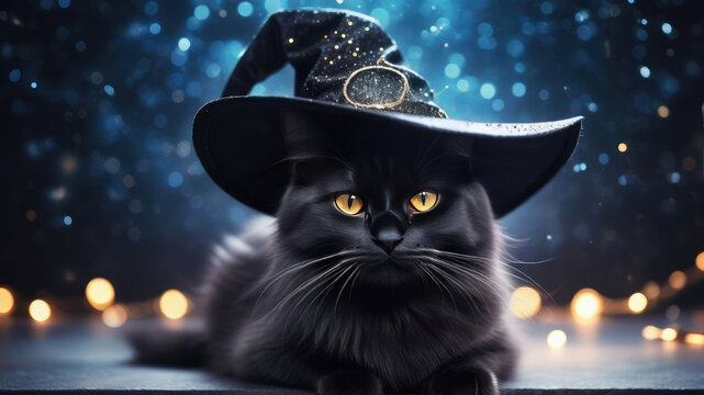 Halloween black cute cat with witch hat on the background of the lights with a bokeh effect.