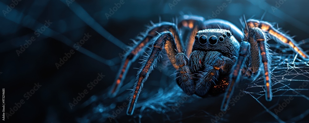 Poster detailed macro shot of a spider expertly wrapping its prey, showcasing intricate webbing and the spi