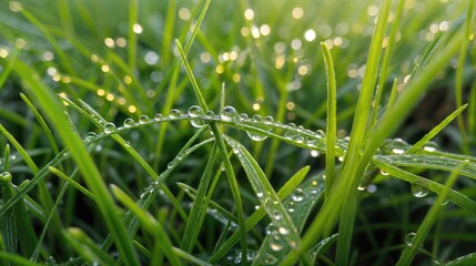 Obraz premium Close-up of green grass with water drops. Dew on the grass.