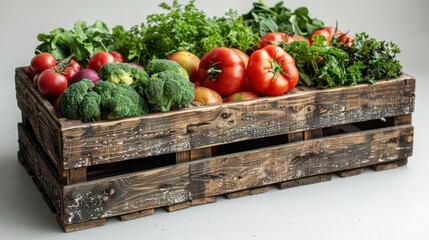 Fresh Organic Vegetables in Wooden Box Isolated on White Background