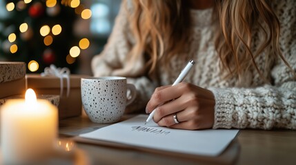 Cozy winter scene: woman writing holiday letter by candlelight for christmas