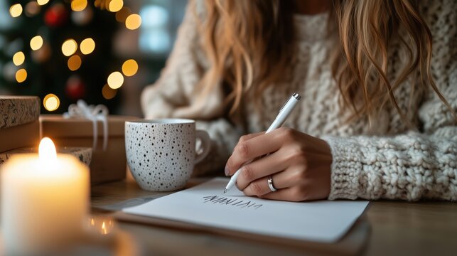 Cozy winter scene: woman writing holiday letter by candlelight for christmas