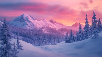 Obraz premium Snowy Mountains at Sunset with Pink Sky