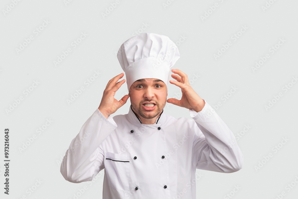 Poster culinary fail. angry chef cook man gesturing with hands looking at camera standing on white backgrou