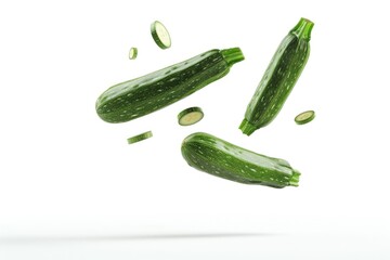 A group of fresh cucumbers falling from above, great for food or garden related projects