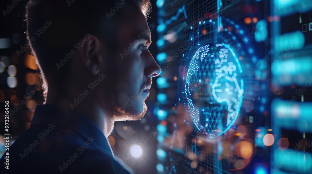 Poster holographic monitor showcasing a professional engaged in technology, data analytics, and global netw