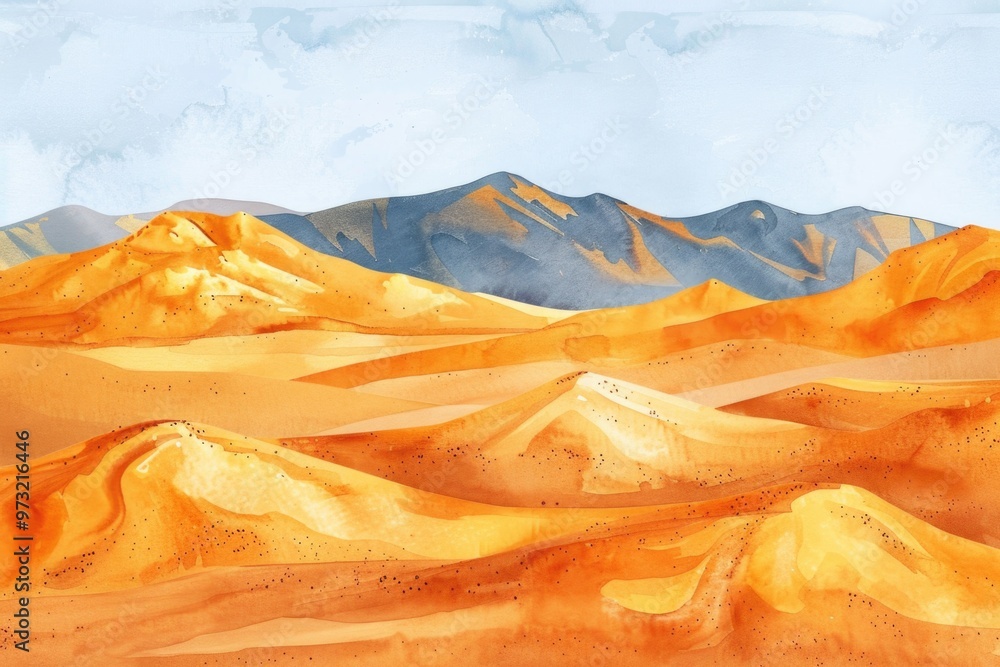 Poster a serene desert scene with majestic mountains in the background