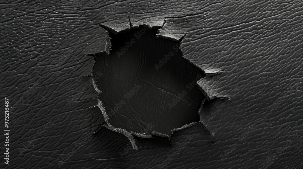 Poster a worn-out piece of black leather with a hole in it, suitable for use as a prop or in a still life c