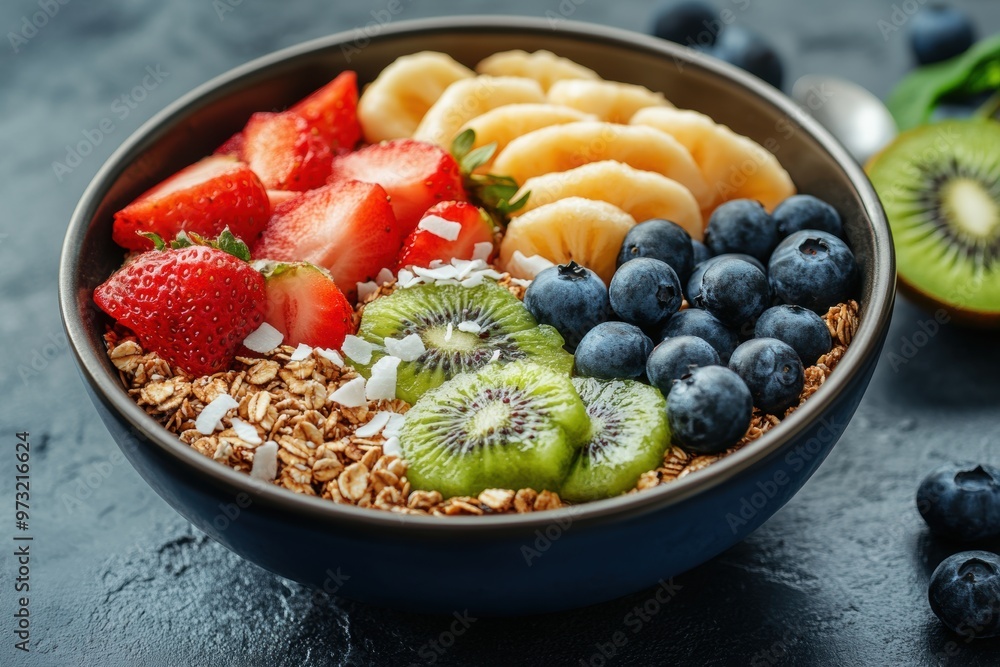 Poster vibrant granola bowl adorned with fruits and coconut flakes creative banner for breakfast concept