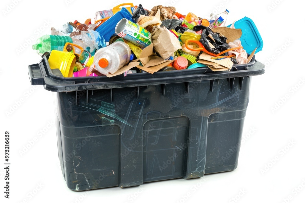 Poster a black trash can overflowing with various types of waste