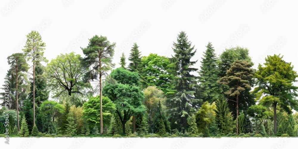 Poster A serene image of a line of trees growing in a lush green meadow, perfect for use as a background or in editorial content