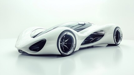 A futuristic car design rendered in 3D, showcasing sleek lines, curves, and aerodynamic features, highlighting its advanced technology