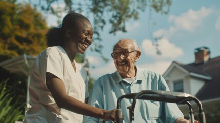 Naklejka premium A woman helps an elderly man use his walker, a scene of mutual support and care
