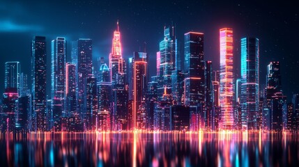 Obraz premium A futuristic city skyline at night with neon 3D glowing lights outlining each building, creating a vibrant and energetic atmosphere