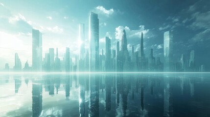 A futuristic cityscape with towering skyscrapers using 3D effects to create depth and dimension