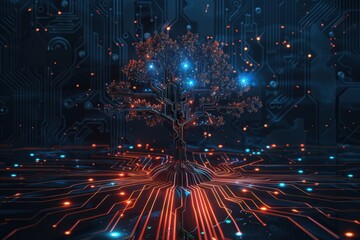 Obraz premium Futuristic Digital Tree with Glowing Lights and Technology Network - Digital Art, Cybernetic Tree, and Virtual Reality Concept