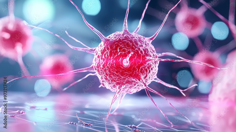 Poster microscopic view of a cell with spiky structure and blurred background