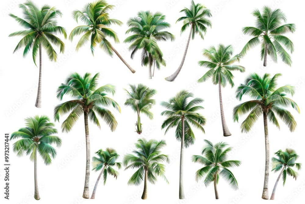 Poster a group of palm trees standing tall on a bright white background, perfect for use in design projects