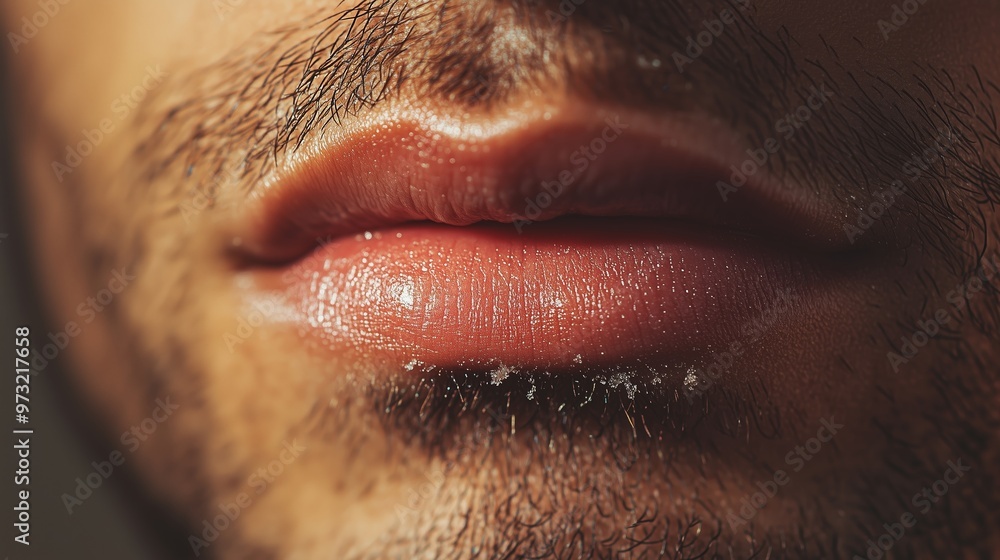 Poster close-up of a man's lips with subtle gloss under natural light, showcasing a textured beard and soft