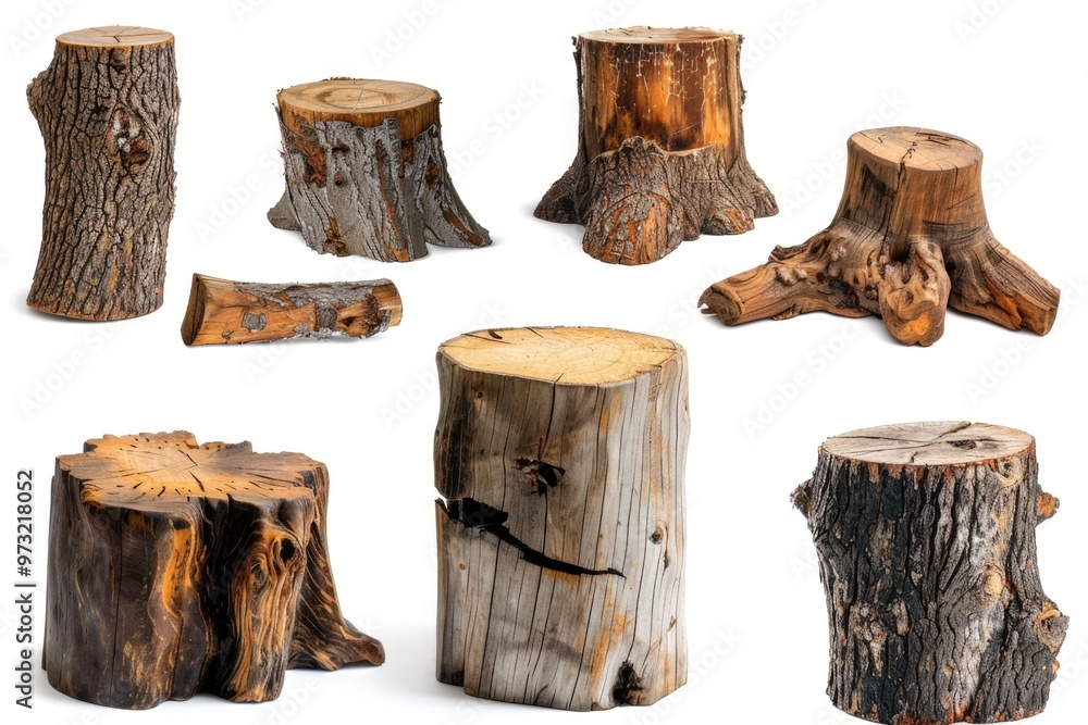 Poster A group of decaying tree trunks on a white surface, suitable for use in various contexts such as environmental or nature-themed designs