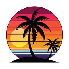 Fototapeta premium Retro vintage tropical island with sunset and palm trees flat color logo style vector graphic design