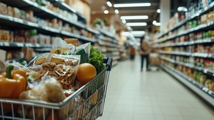Shopping cart filled with groceries in a supermarket aisle for spring needs – perfect for retail and marketing designs