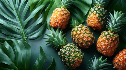 Fototapeta premium Tropical Ananas Ripe with Lush Leaves, Flatlay Isolated on White Background