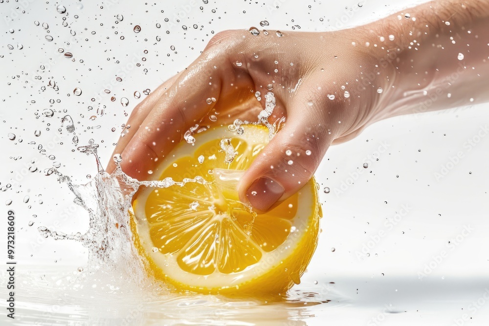 Poster a person squeezes a slice of lemon into a glass of water for a refreshing drink