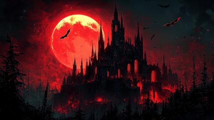 Gothic Castle Silhouette Against Blood Red Moon and Forest
