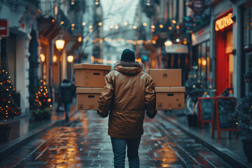 A person carrying cardboard boxes walks through a festive city street decorated with holiday lights...