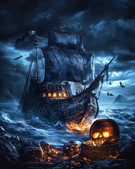 Pirate-themed Halloween card, spooky pirate ship on stormy seas.