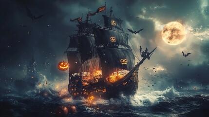 Pirate-themed Halloween card, spooky pirate ship on stormy seas.