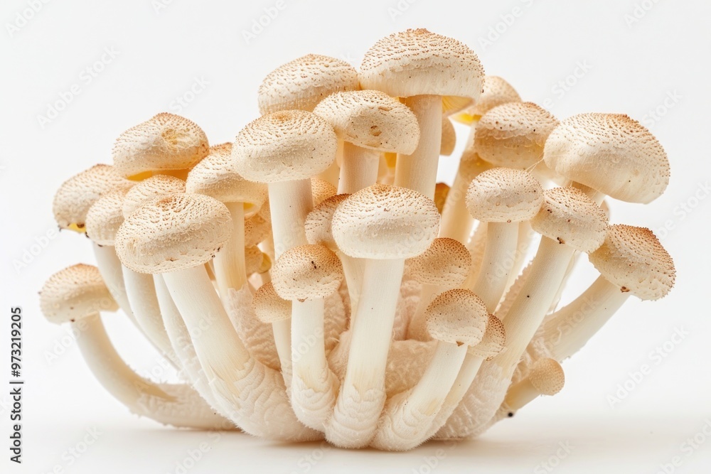 Poster macro photography of various mushroom species on a clean white surface, ideal for use in still life 