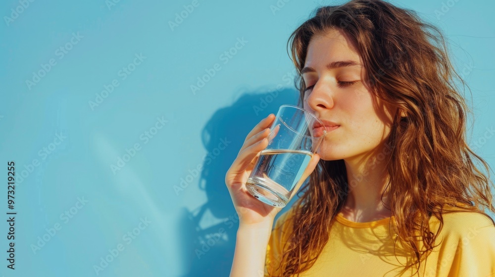 Wall mural A person holding a glass of water and taking a drink